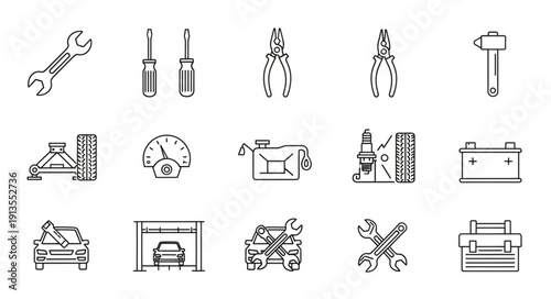 Collection of Hand Drawn Automotive Repair Tools and Equipment Icons.