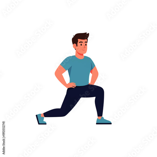A man in a blue t-shirt and dark pants performs a lunge exercise, demonstrating a fitness routine or warm-up. Isolated on a white background.