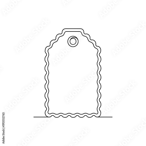 Minimalist illustration of a scalloped paper tag with a hole, isolated on a white background, featuring a simple black outline design
