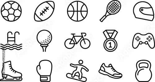 Cad drawing flat vector illustration of sports line icon set featuring soccer, basketball, tennis, cycling, fitness equipment, and winter activities for athletic lifestyle design projects.