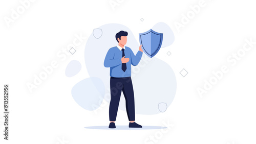Businessman holding a shield, symbolizing security and protection in business