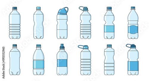 Comprehensive set of various plastic water bottle shapes and sizes including sports bottles and standard mineral water containers.