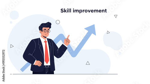 Businessman pointing upward arrow graph, skill improvement and career growth concept