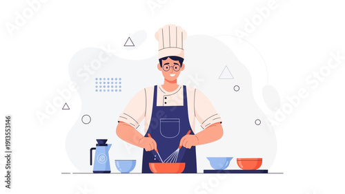 Chef preparing food, whisking batter in a bowl, cooking concept illustration