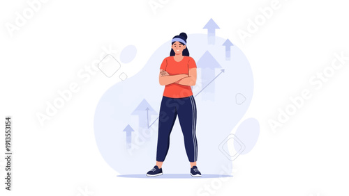 Confident woman in sportswear with arms crossed, growth arrows and graph illustration
