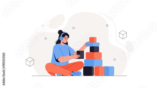 Child playing with building blocks, creative development, learning, and imagination concept.