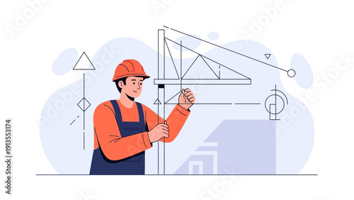 Construction worker with blueprint and crane, engineer planning building project