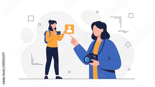 Creative Photography Concept: Two Women Capturing Moments with Cameras, Digital Art