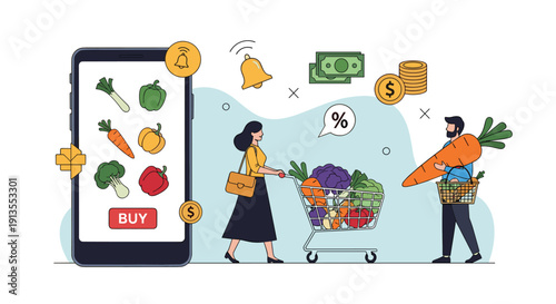 Modern concept of online grocery shopping with people buying fresh vegetables using a large smartphone interface.