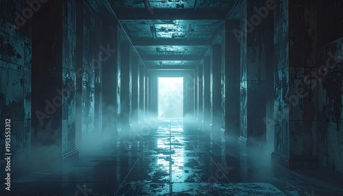 A dimly lit, eerie corridor with a glowing exit
