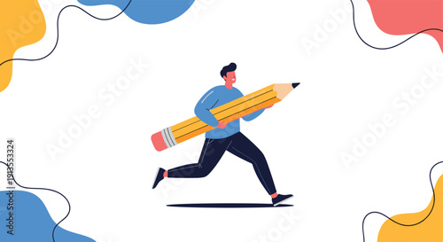 Creative conceptual illustration of a man running with a giant pencil against a white background with abstract shapes.