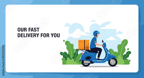 Professional delivery service concept featuring a courier riding a blue scooter with a package on white background.