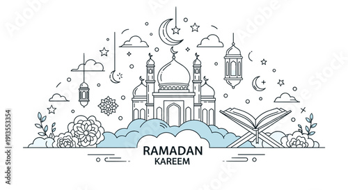 Detailed line art illustration for Ramadan Kareem featuring a mosque, an open Quran, and crescent moons among clouds.