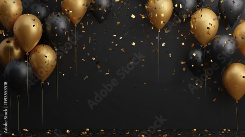Celebration background with black gold balloons and golden confetti rain on dark backdrop, for festive design