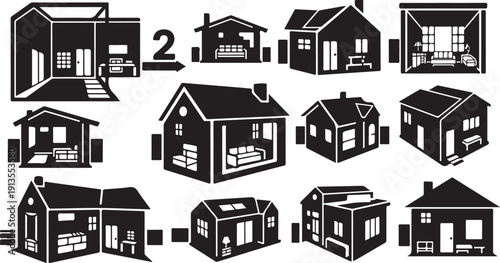 Collection of various house styles and designs in black