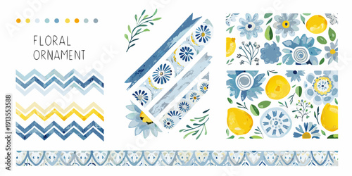 Watercolor floral ornament collection with lemons leaves and blue patterns