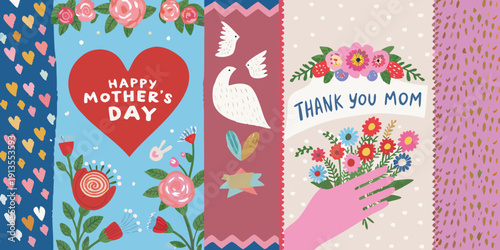 Colorful mother s day card design with hearts flowers and doves