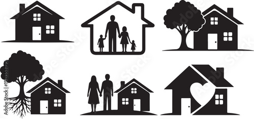 Family Home Silhouette Icons for Love and Security Concepts