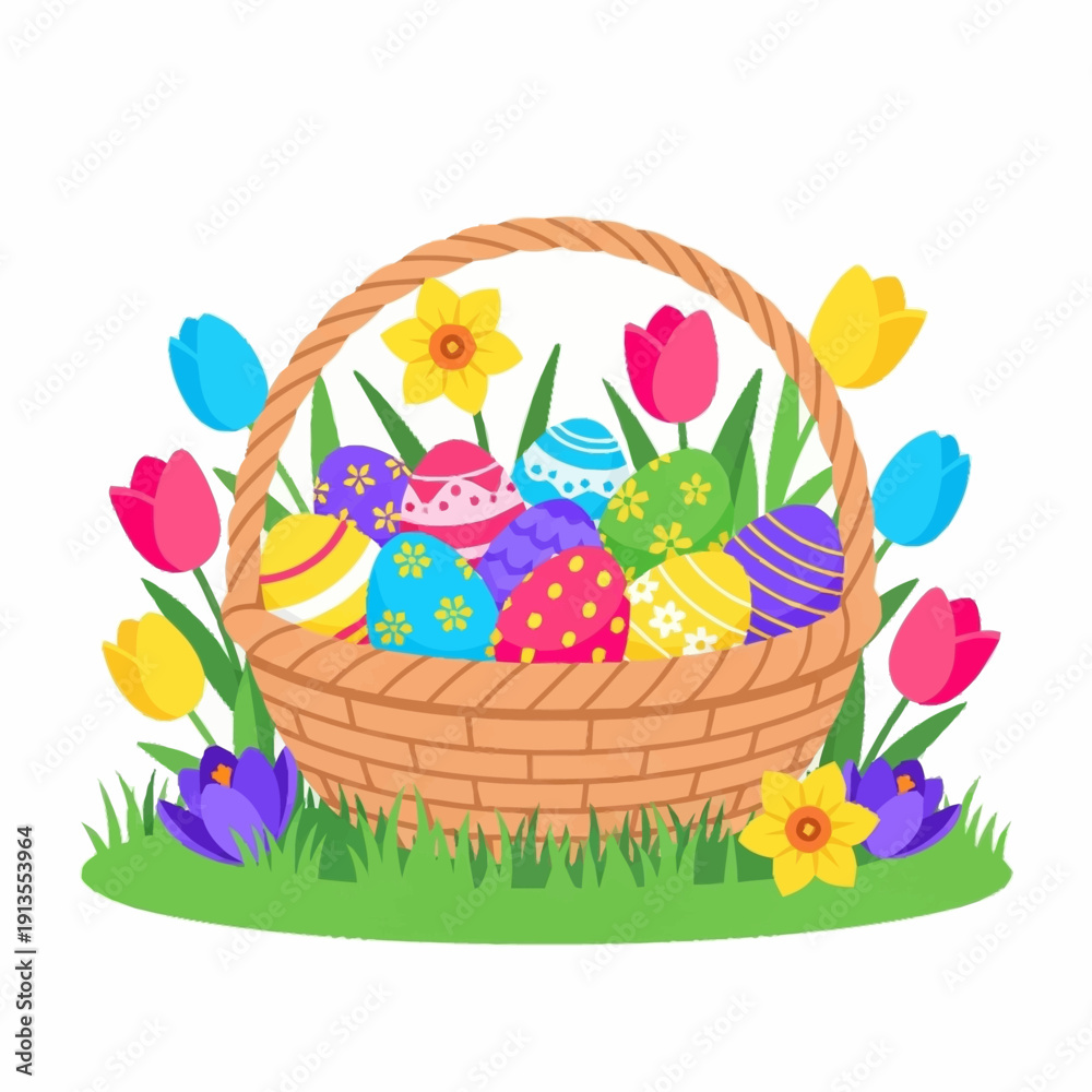 Fototapeta premium A vibrant illustration of an Easter basket filled with colorful decorated eggs, surrounded by spring flowers like tulips, daffodils, and crocuses, set on green grass.