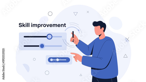 Man adjusting sliders for skill improvement, progress, development, learning, and growth