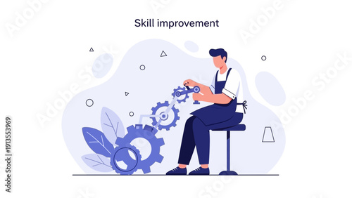 Man assembling gears, concept of skill improvement and mechanical engineering