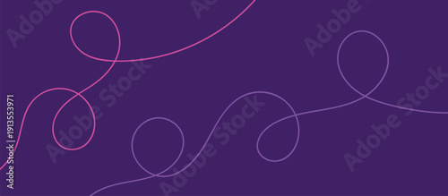 Abstract Dark Purple Web Banner Background with Elegant Pink Neon Fluid Continuous Line Art Swirls