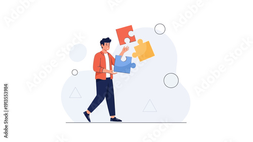 Man assembling puzzle pieces, problem solving, strategy, teamwork, connection, concept illustration
