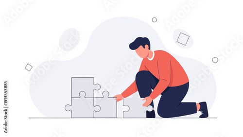 Man assembling puzzle pieces, symbolizing problem solving and teamwork