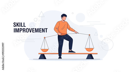 Man balancing on scales for skill improvement and personal development concept