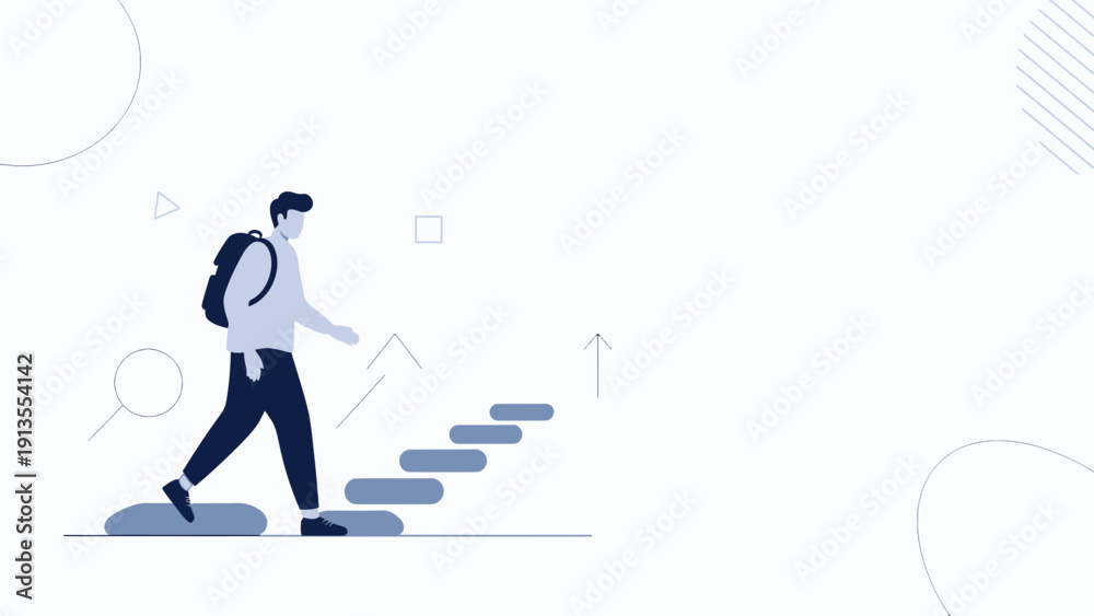 Obraz premium Man climbing stairs with backpack, vector illustration, concept of progress and journey