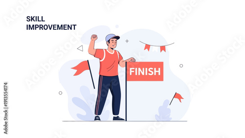 Man crossing finish line, celebrating achievement, skill improvement concept