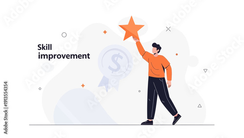 Man holding star, skill improvement, success, achievement, business growth concept