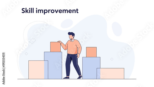 Man improving skills, climbing steps, personal growth, career development, learning