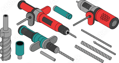 Isometric electric drill tools illustration, power drill machine set, drilling equipment, construction hardware, DIY workshop vector isolated design