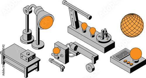 Isometric industrial equipment illustration, robotic machinery, control panel, factory automation tools, engineering technology vector design with orange accents modern manufacturing
