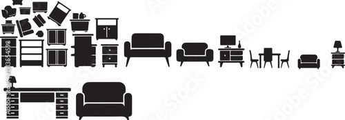 Collection of various furniture icons in black and white