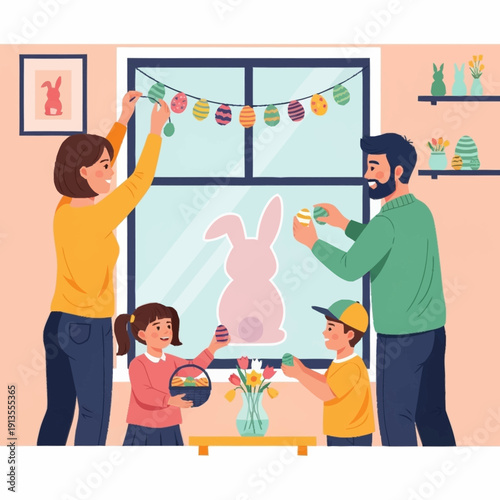 Happy family decorating their home for Easter with colorful eggs, garlands, and a bunny silhouette on the window.