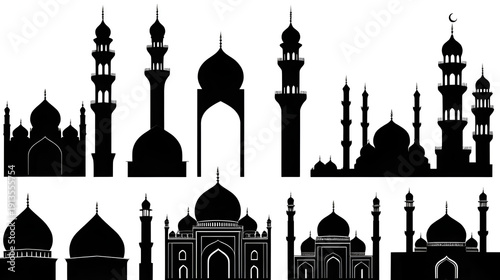 Mosque silhouette set, Islamic building vector collection, Ramadan Kareem design element, muslim prayer house illustration, black minaret and dome graphics, isolated religious architecture bundle