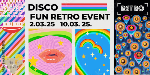 A vibrant poster advertising a disco themed retro fun event with dates