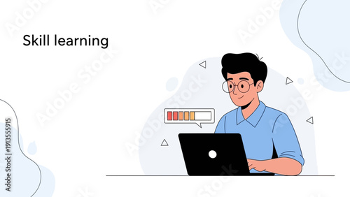 Man learning new skills on laptop, progress bar showing development