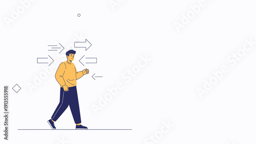 Man walking forward with arrows indicating direction and obstacles