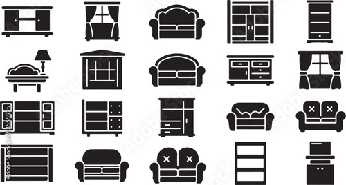 Collection of various furniture icons in black and white