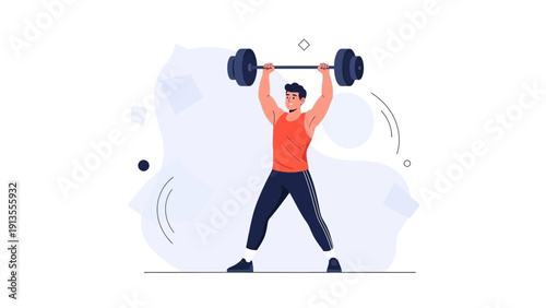Man Lifting Barbell Overhead, Fitness Workout, Strength Training Vector Illustration