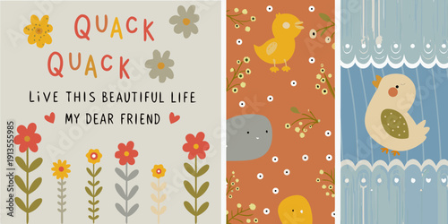 Colorful nursery art featuring ducks flowers and playful typography