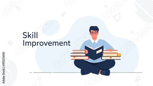 Man Reading Books for Skill Improvement and Knowledge Acquisition