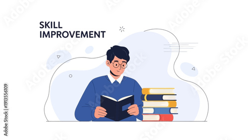 Man Reading Book for Skill Improvement, Learning and Education