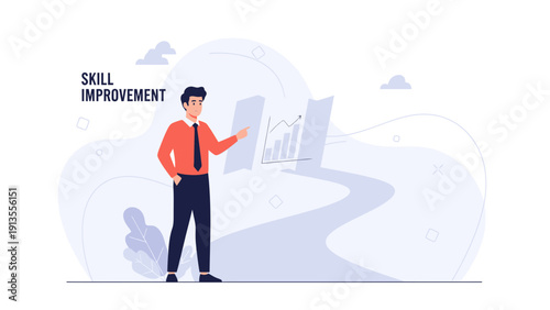 Man showing skill improvement chart on path to success, business growth concept