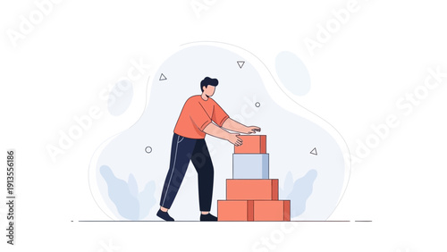 Man stacking boxes, logistics and delivery concept, flat illustration