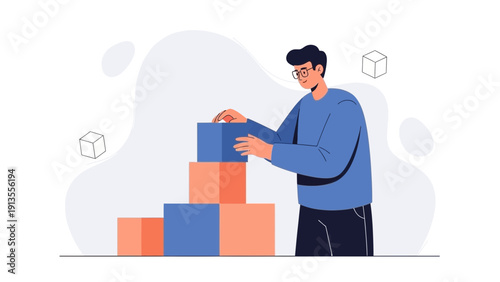 Man stacking building blocks, concept of strategy, planning, and problem solving