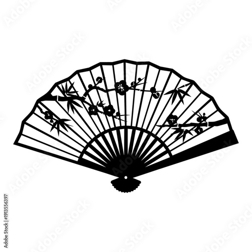 Photos Traditional Japanese Folding Fan Silhouette Vector with Plum Blossom and Bamboo